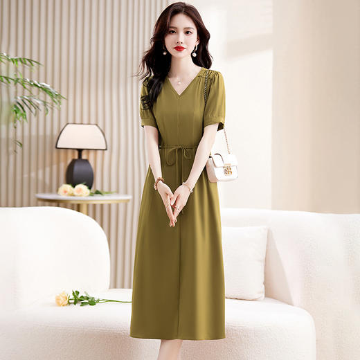 HRWX722-19夏季上新气质时尚知性优雅系带连衣裙女2024年温婉风纯色高腰A裙 商品图2
