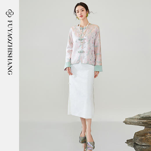 FUYAO扶摇 新中式短外套女粉色圆领提花上衣国风盘扣宋锦外套春季 商品图2