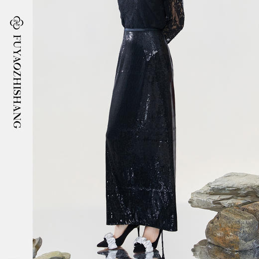FUYAO扶摇 半身裙女2024新款设计感黑色亮片西装裙后开叉性感裙子 商品图1