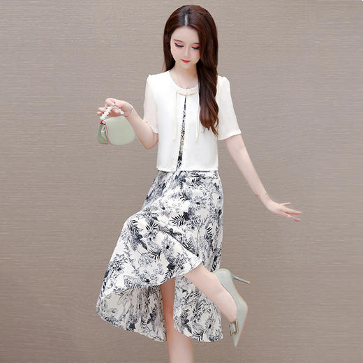 OYMOMS-CA4326-L中长款假两件修身时尚连衣裙2024年夏款短袖印花通勤气质A字裙 商品图2