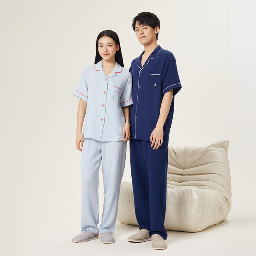 连绵·双层纱绉布100%棉开衫短袖长裤睡衣（男/女） 商品图1