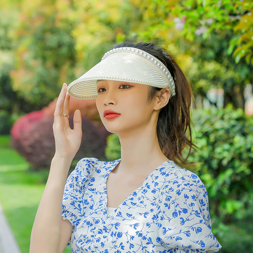 【时尚美观显头小！夏季珍珠遮阳帽】遮阳防晒防紫外线，小众设计，海边沙滩太阳空顶帽子，夏季草帽 商品图2