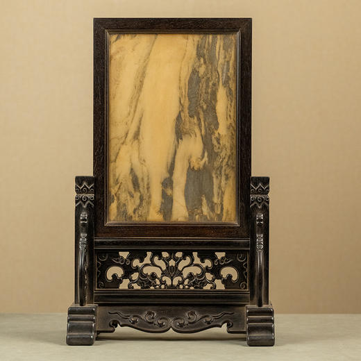 清 红木镶云石透雕花卉纹插屏 商品图4