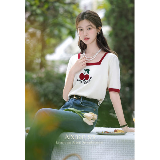 鹿向南《夏日樱桃》冰丝针织t恤女新款夏季薄款短袖方领上衣L35023 商品图4