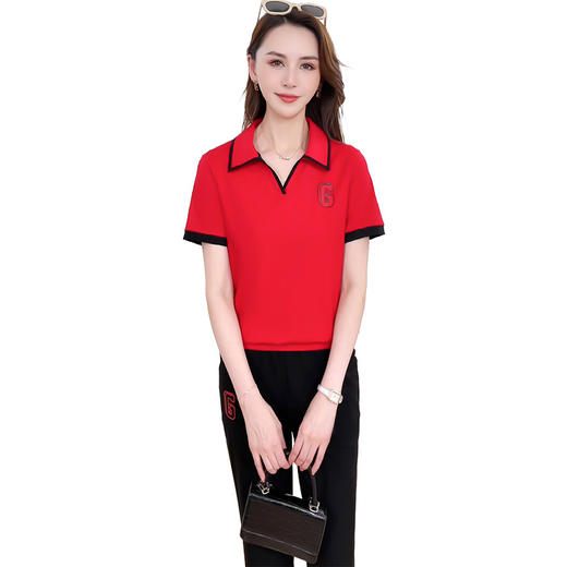 OYMXYKL-LSA18-L-2024年夏款POLO领短袖宽松洋气小衫简约休闲时尚阔腿裤两件套装 商品图4