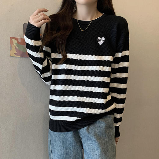 大码女2025春季新款显瘦宽松条纹针织打底衫胖妹妹遮肚高级感上衣 商品图3