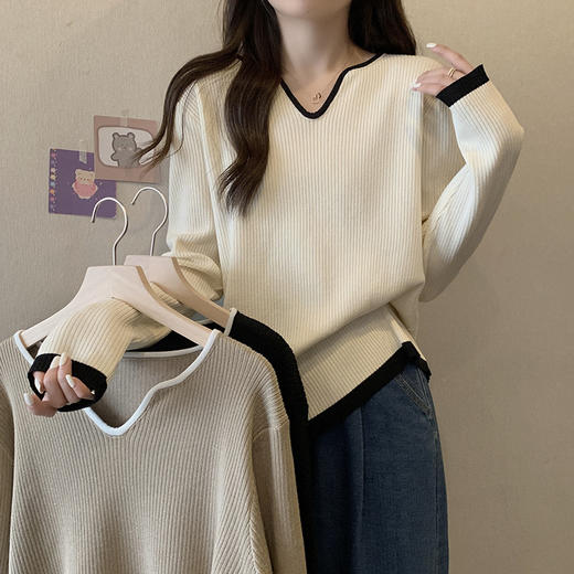 大码女装2025春装新款洋气V领针织衫胖mm宽松百搭毛衣打底衫 商品图0