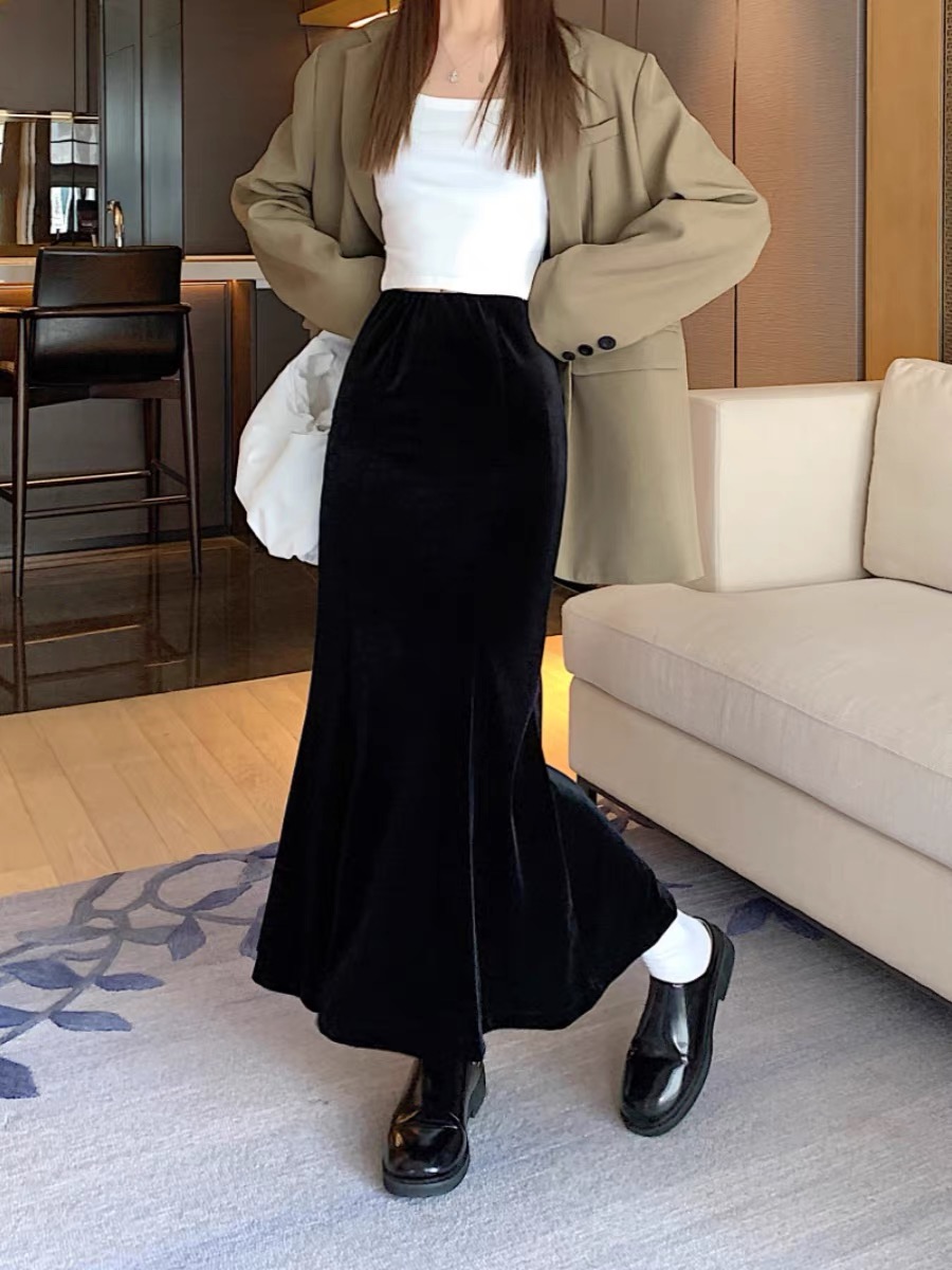 金丝绒高腰垂感半身裙K001