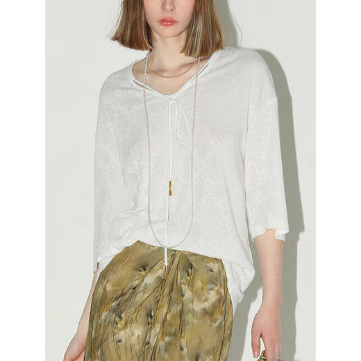 COCOBELLA镂空提花V领系带五分袖针织衫宽松蝙蝠袖上衣TS3002B 商品图2