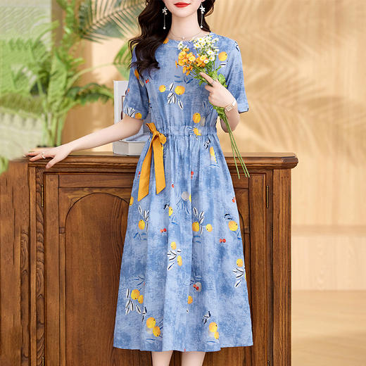 WX205-19夏季上新气质时尚优雅舒适透气印花套头系带棉麻连衣裙 商品图2