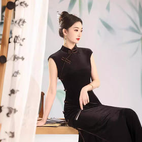 气质修身立领，改良无袖丝绒日常旗袍XL-24137