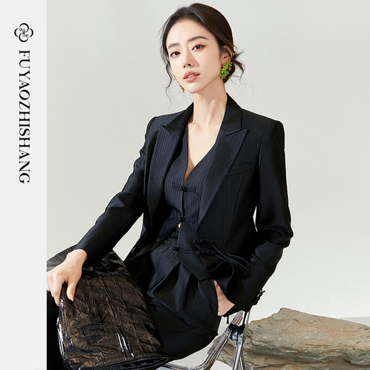 FUYAO扶摇 高端西装外套女新中式盘扣黑色条纹西服套装气质职业装 商品图1
