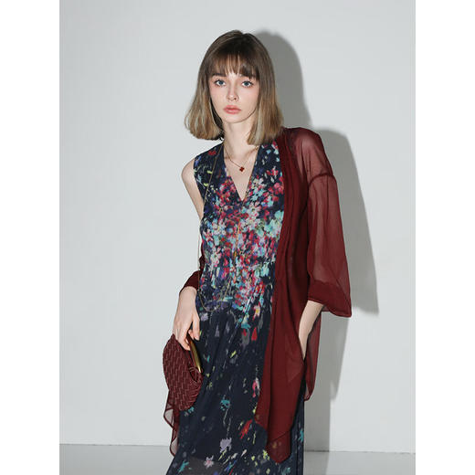 COCOBELLA设计感抽褶不规则雪纺衫微透视褶皱精致开衫LC0001C 商品图1