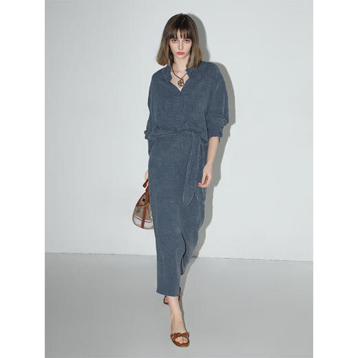 COCOBELLA提花炒色棉麻半身裙女前开叉水洗毛边直筒裙HS3012 商品图3