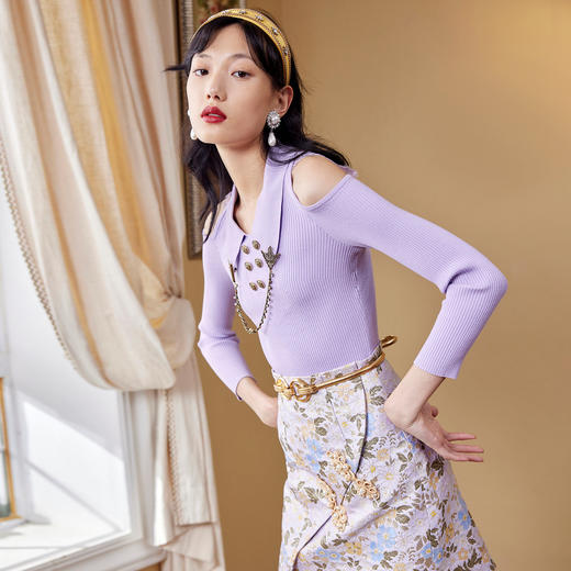 MAXRIENY尖领露肩套头针织上衣2022秋设计感毛衫修身MC87SW529P00 商品图3