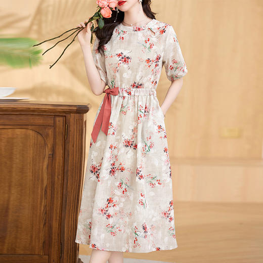 WX205-19夏季上新气质时尚优雅舒适透气印花套头系带棉麻连衣裙 商品图3