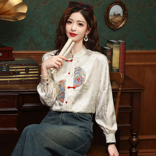 ALBB-新中式刺绣缎面衬衫女 商品图1