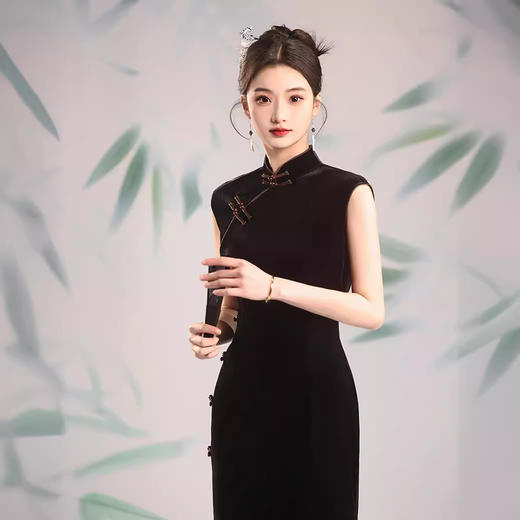 气质修身立领，改良无袖丝绒日常旗袍XL-24137 商品图2