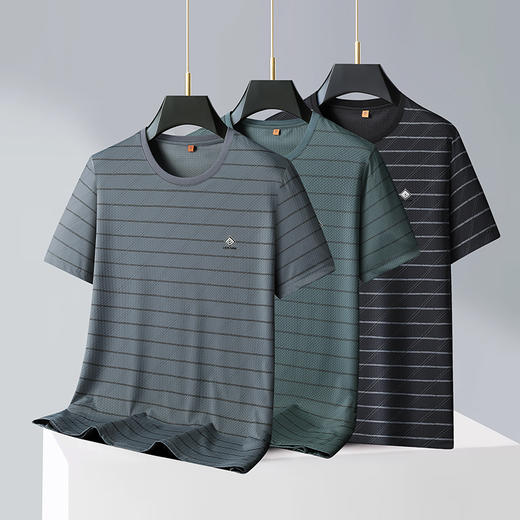 【冰丝高弹】【新款DWP】大依优型大码条纹短袖T恤圆领加肥加大男士大号弹力透气舒适夏季半袖 商品图1