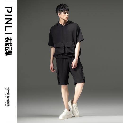 PINLI品立裁魂夏季新款男直筒华夫格工装短裤黑色休闲五分裤BC242117032 商品图1