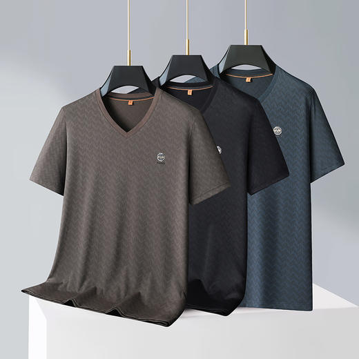 【V领】【冰丝高弹】【新款DWP】大依优型大码条纹短袖T恤加肥加大男士大号弹力透气舒适夏季半袖 商品图1