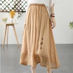 GYH B115-6153纯色棉麻刺绣a字中长裙民族风双层半身裙