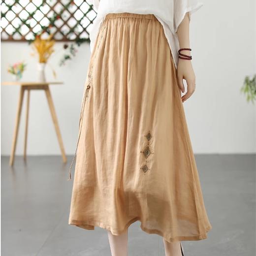 GYH B115-6153纯色棉麻刺绣a字中长裙民族风双层半身裙 商品图0