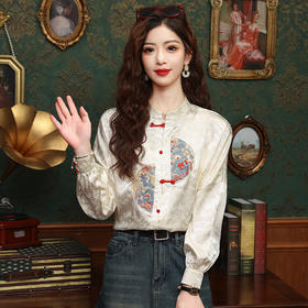 KQL A10F530中式刺绣缎面衬衫上衣