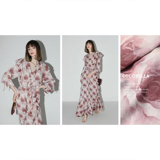 【限时秒杀】COCOBELLA[4米+用料]晕染玫瑰荷叶边大摆OL飘带连衣裙FR3037 商品图2