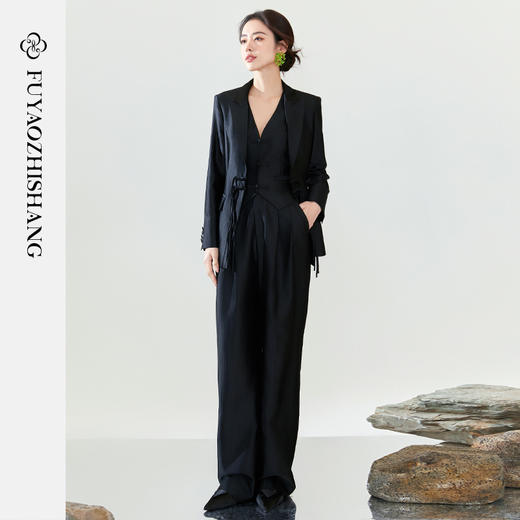 FUYAO扶摇 高端西装外套女新中式盘扣黑色条纹西服套装气质职业装 商品图2