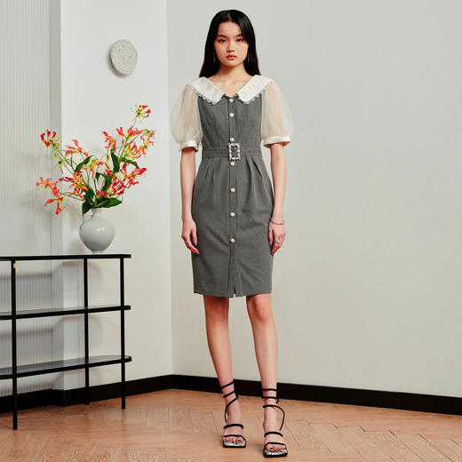 MAXRIENY法式浪漫黑白格纹翻领连衣裙2023夏季新款复古格纹裙子女MS88DR321Z00 商品图1