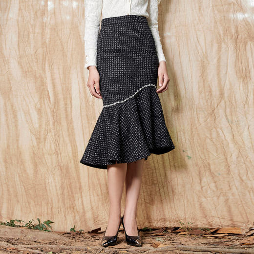 MAXRIENY复古格纹鱼尾裙冬季高腰半裙格子MS88SK758 商品图0