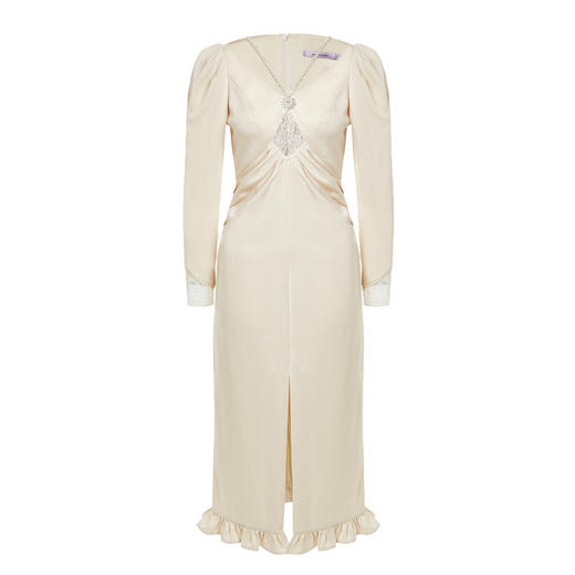 MAXRIENY复古轻熟女开叉缎面连衣裙极简杏色抽褶裙MS88DR543Y00 商品图4