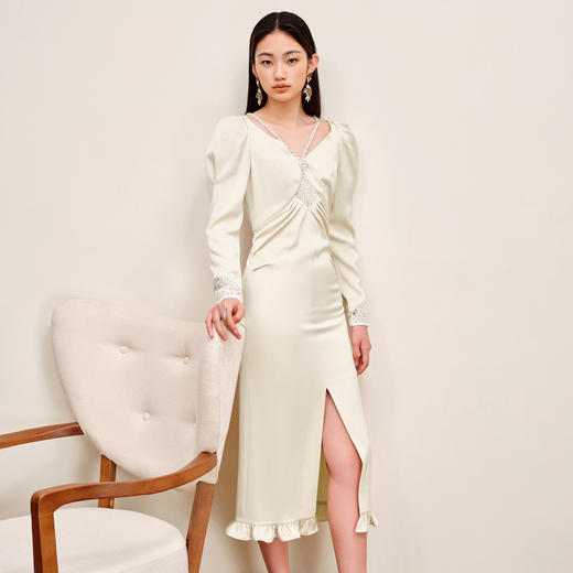 MAXRIENY复古轻熟女开叉缎面连衣裙极简杏色抽褶裙MS88DR543Y00 商品图0