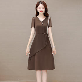 QYMOMS-YQA409-L简约中长款时尚雪纺裙2024年夏款短袖修身A字裙洋气拼接连衣裙