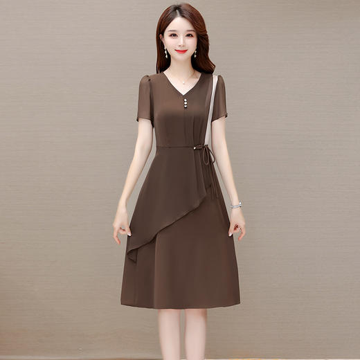 QYMOMS-YQA409-L简约中长款时尚雪纺裙2024年夏款短袖修身A字裙洋气拼接连衣裙 商品图0