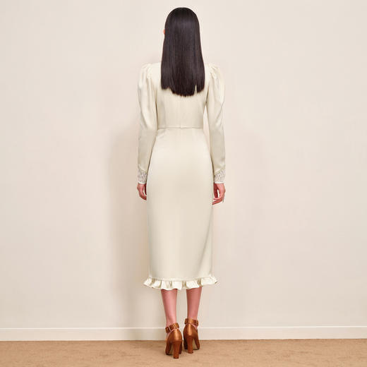 MAXRIENY复古轻熟女开叉缎面连衣裙极简杏色抽褶裙MS88DR543Y00 商品图3