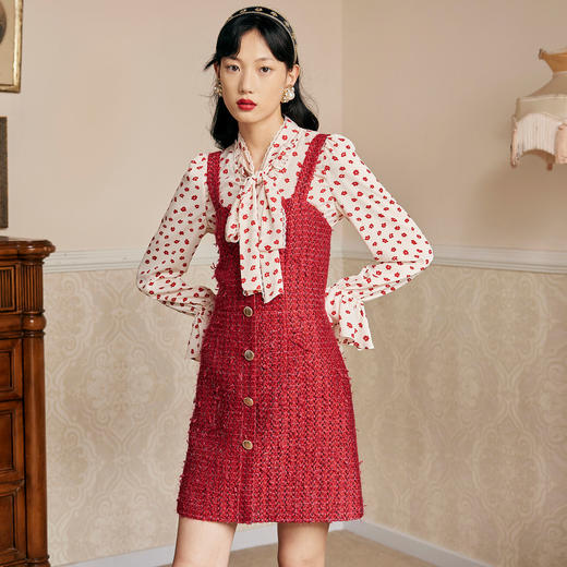 麦斯芮妮MAXRIENY红色花纱桃心领吊带裙秋连衣裙MC87DR547E70 商品图3