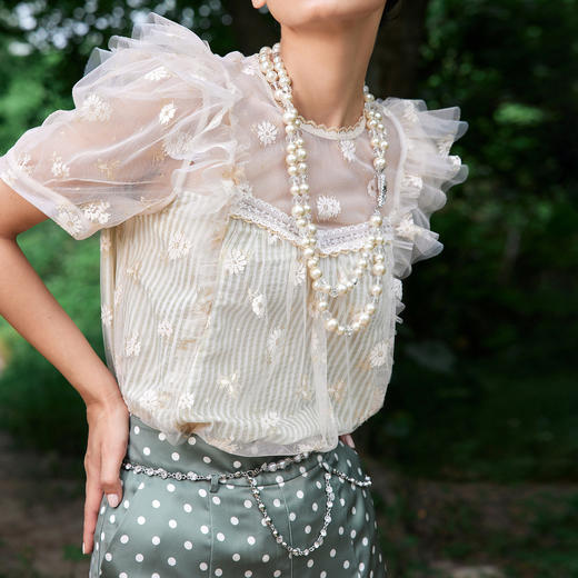 MAXRIENY网纱条纹上衣夏季设计感蕾丝衫短袖小衫MC87TP341S50 商品图3