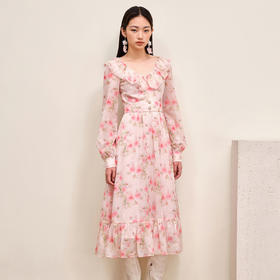 MAXRIENY温柔浪漫氛围感连衣裙长袖秋季粉色晕染印花郁金香裙子MS88DR519F10
