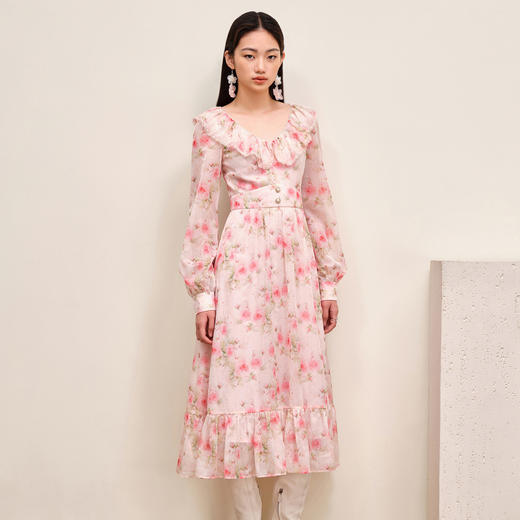 MAXRIENY温柔浪漫氛围感连衣裙长袖秋季粉色晕染印花郁金香裙子MS88DR519F10 商品图0