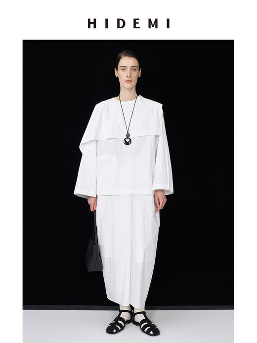 HIDEMI 极简微褶皱设计感可拆卸披肩领多穿式衬衫上衣半裙套装 商品图5
