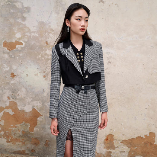 MAXRIENY通勤风黑白拼接格纹不对称西装截短款2023早秋短外套女MS88JA547Z00 商品图2