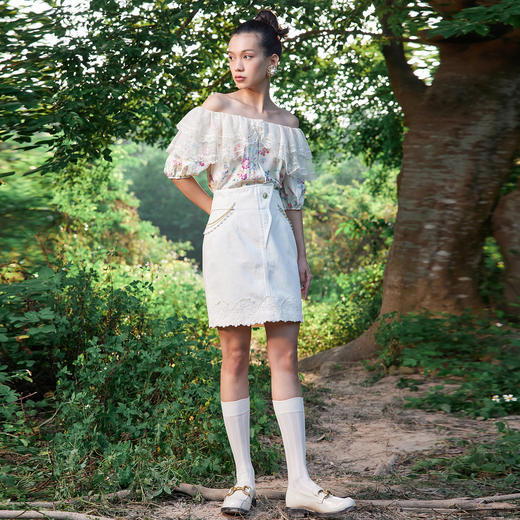 MAXRIENY高腰牛仔短裙夏刺绣半身裙复古直筒裙子MC87SK301A10 商品图1