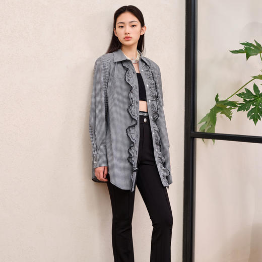 MAXRIENY甜辣风辣妹y2k衬衫黑白格纹宽松慵懒衬衣MS88TP529Z00 商品图2