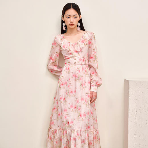 MAXRIENY温柔浪漫氛围感连衣裙长袖秋季粉色晕染印花郁金香裙子MS88DR519F10 商品图2