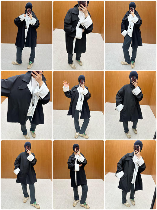 HIDEMI 黑色极简翻领白色卷边翻领伞状风衣 商品图1