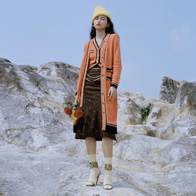 MAXRIENY橙色撞边毛织长外套2023开衫长大衣毛衫针织MC87JA764E30