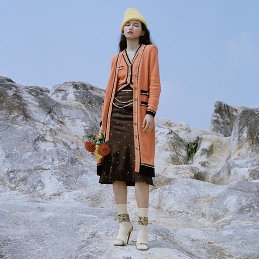 MAXRIENY橙色撞边毛织长外套2023开衫长大衣毛衫针织MC87JA764E30 商品图0