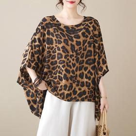 福利款~雀说时尚宽松大码女装新款复古文艺气质蝙蝠袖时尚豹纹花圆领T恤上衣AL